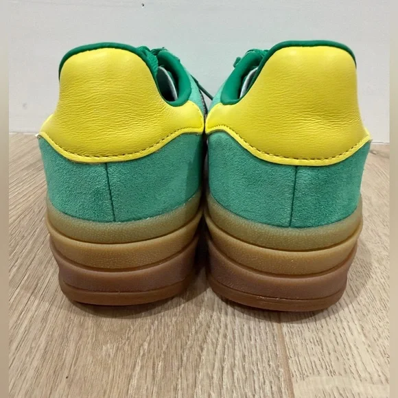 New!adidas gazellGreen Suede Sneakers with Pink Three-Stripes and Yellow Heel - Picture 7 of 9